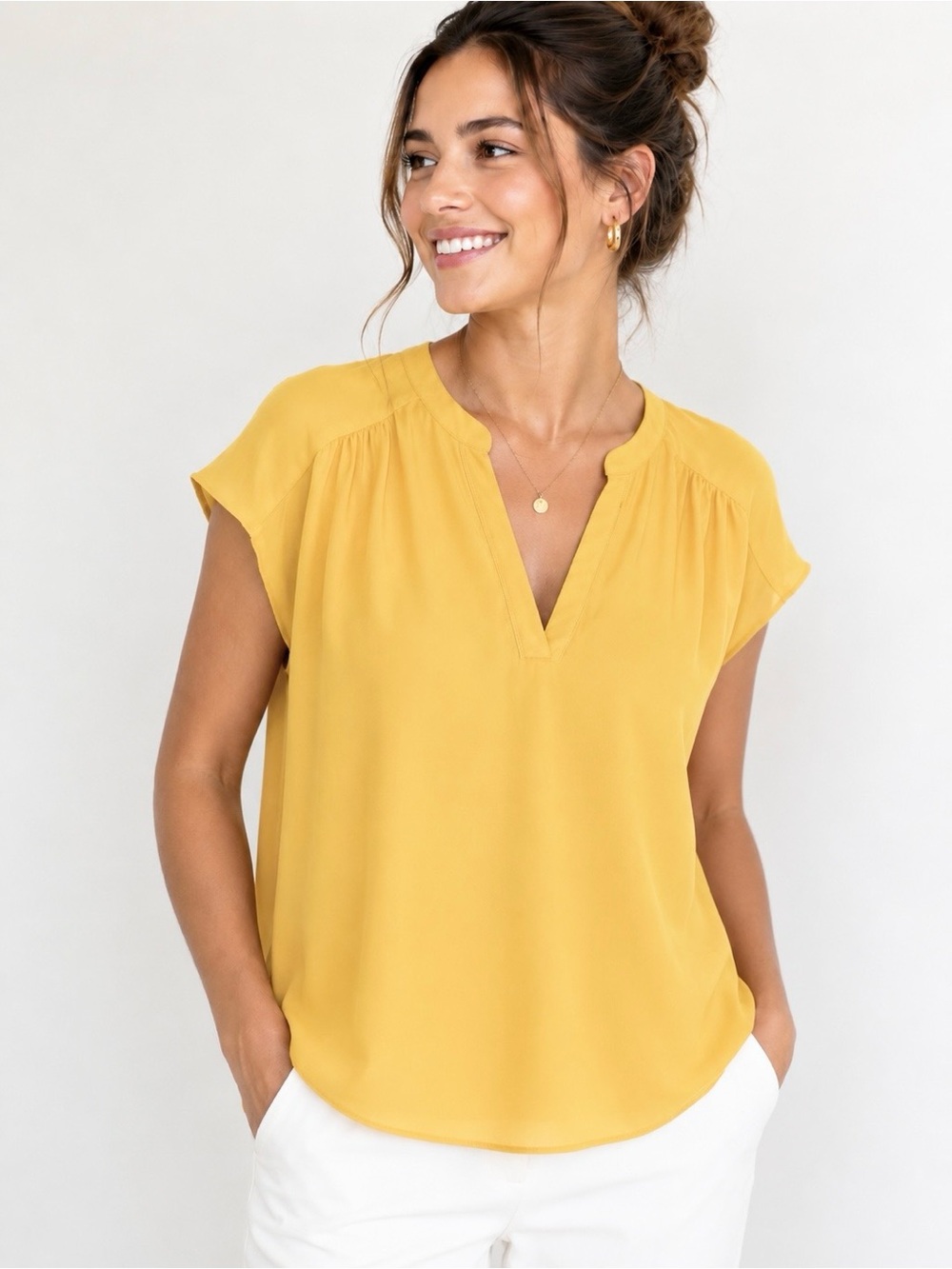 Banana Republic Georgette Blouse Cap Sleeve Split Neck Relaxed Vibrant Yellow